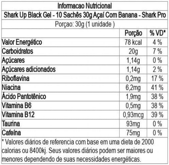 Shark Up Black Gel - 10 Sachês 30g Açaí Com Banana - Shark Pro