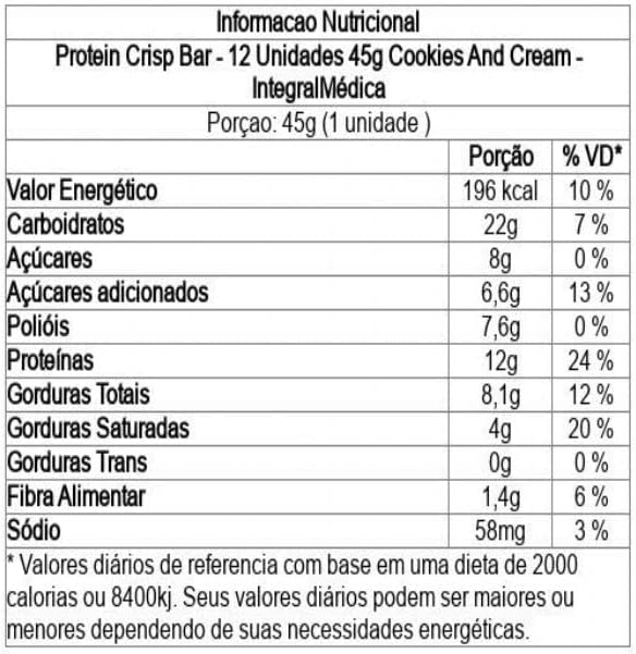 Integralmedica Protein Crisp Bar - 12 Unidades 45G Cookies And Cream - Integralmédica