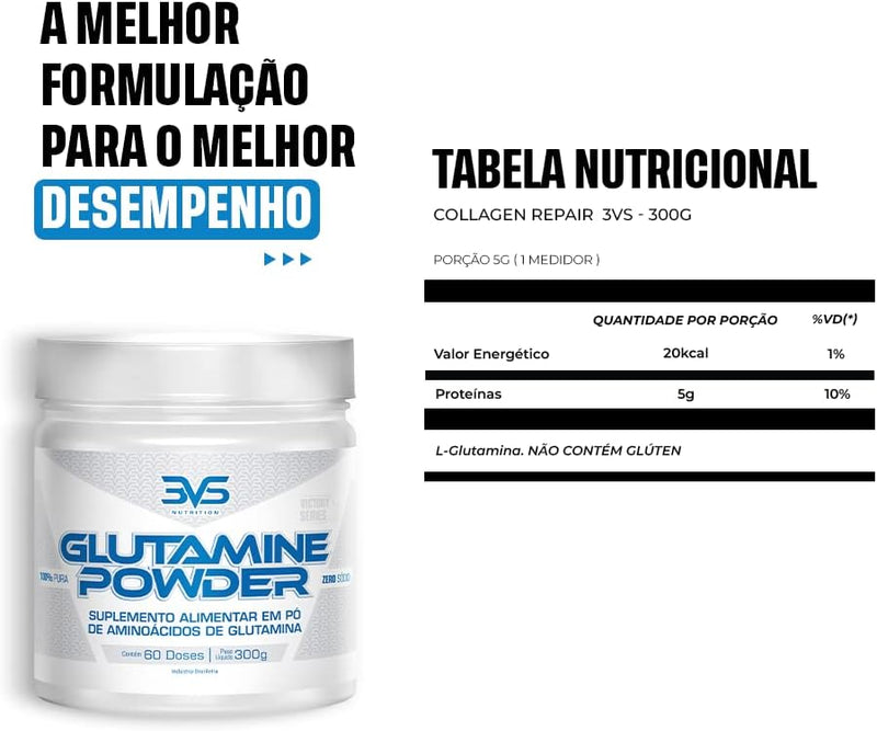 Glutamina 3VS Nutrition - Glutamine Powder – 150 g - Suplementa o aminoácido - Estimula síntese proteica - 100% pura