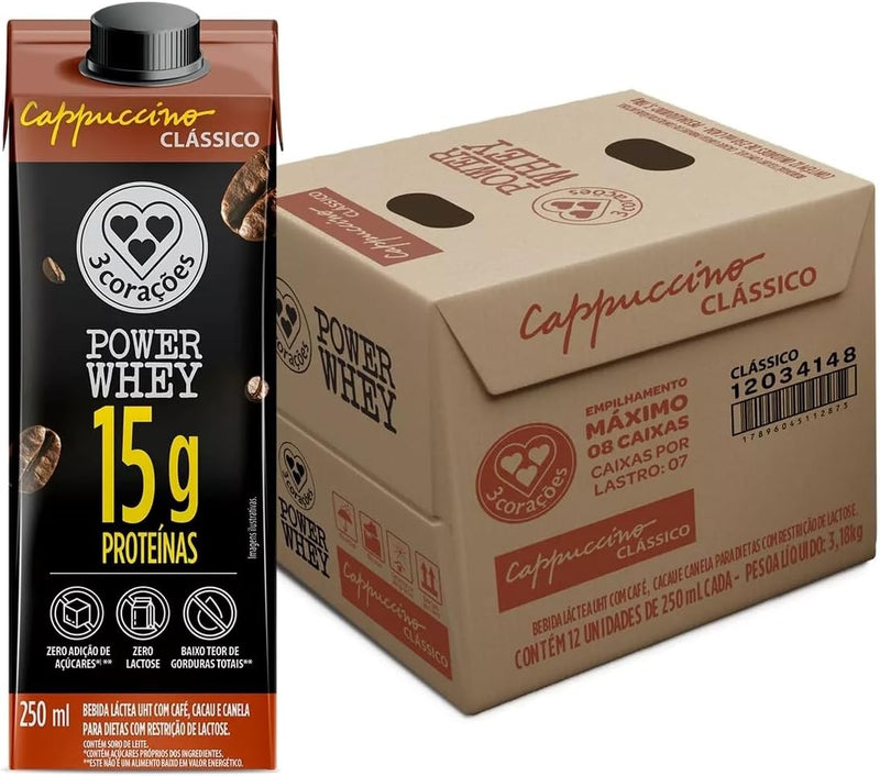 Pack Bebida Láctea UHT 3 Corações Power Whey Cappuccino Clássico 15G de Proteínas com Cafeína 250ml - 12 unidades