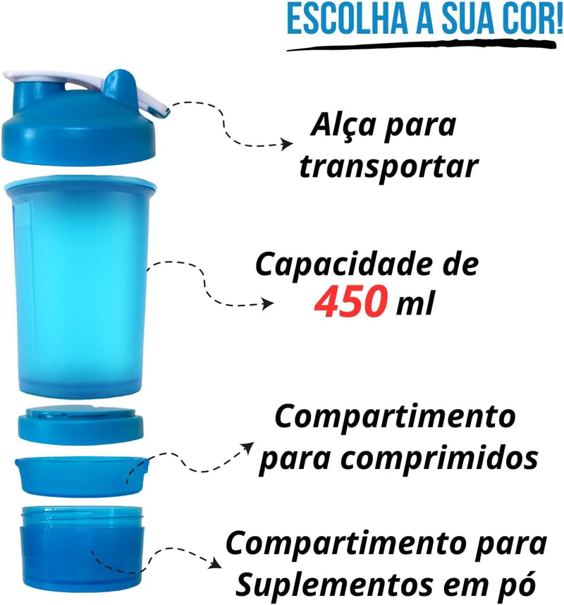 Coqueteleira Shaker Academia Compartimento Suplementos Divisórias 450ml (Azul Claro)