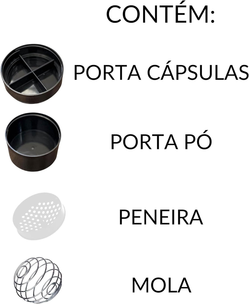 Coqueteleira Shakeira Garrafinha Copo Academia Com Porta Comprimido e Whey 500ml Preta Ellym Nutrition