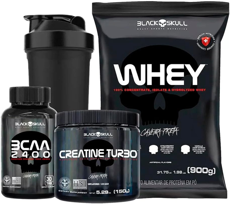 COMBO Caveira Preta - Whey + Bcaa + Creatina - Black Skull (Morango)