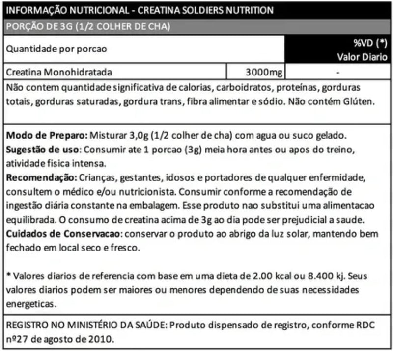 Creatina Monohidratada 500g - 100% Pura Importada - Soldiers Nutrition