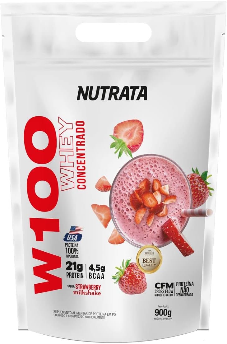 Nutrata W100 Whey Concentrado - 900G Refil Strawberry Milkshake -