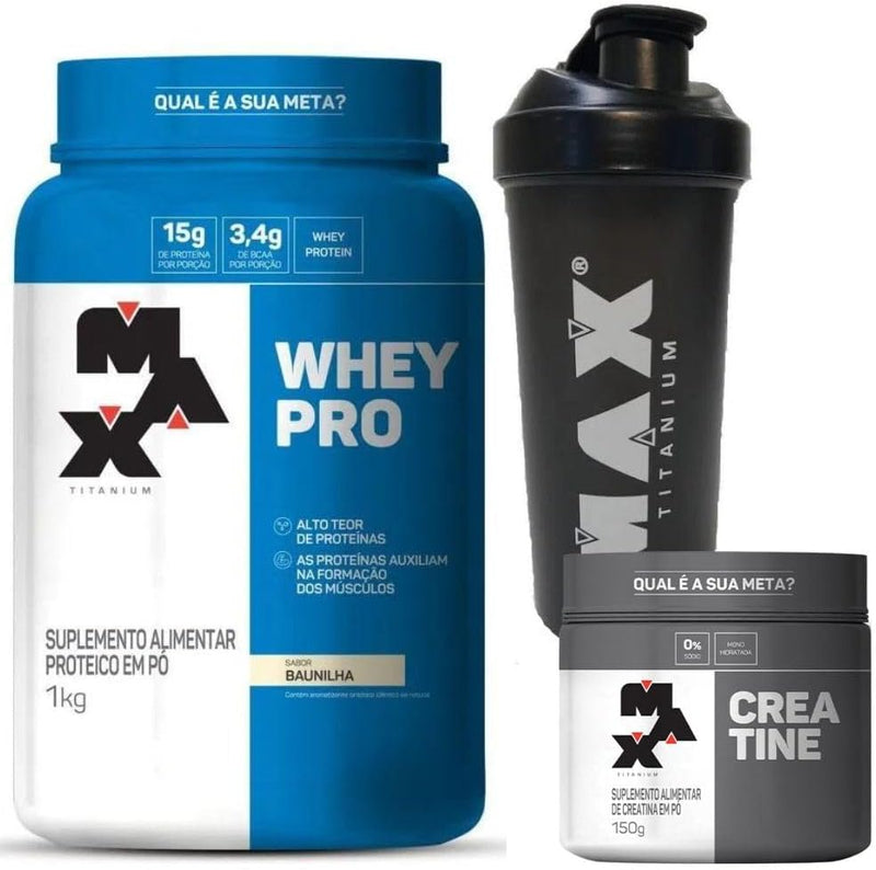 Combo Whey Pro 1kg Baunilha + Creatina 150g + Coqueteleira Max Titanium