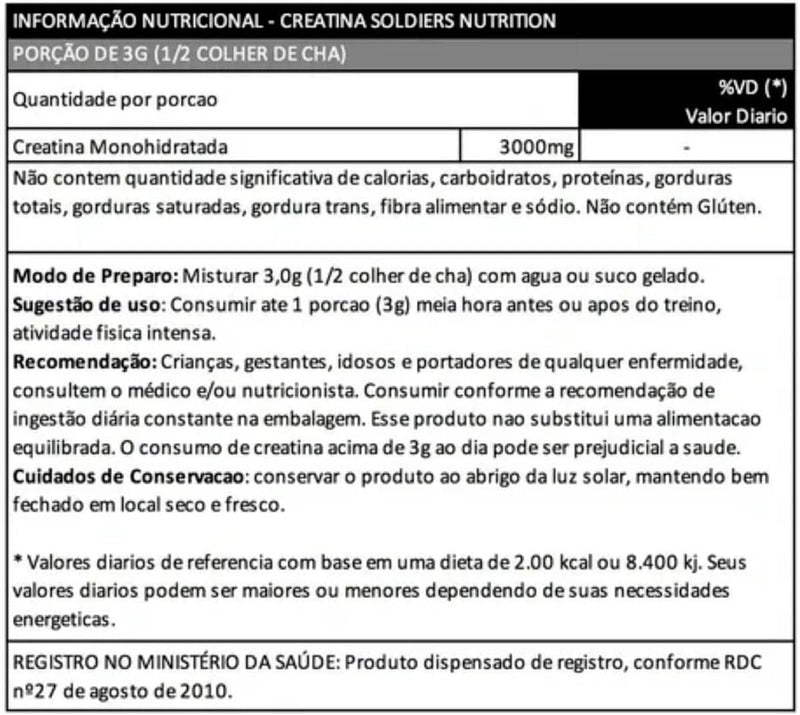 Creatina Monohidratada Pote 300g - 100% Pura Importada - Soldiers Nutrition