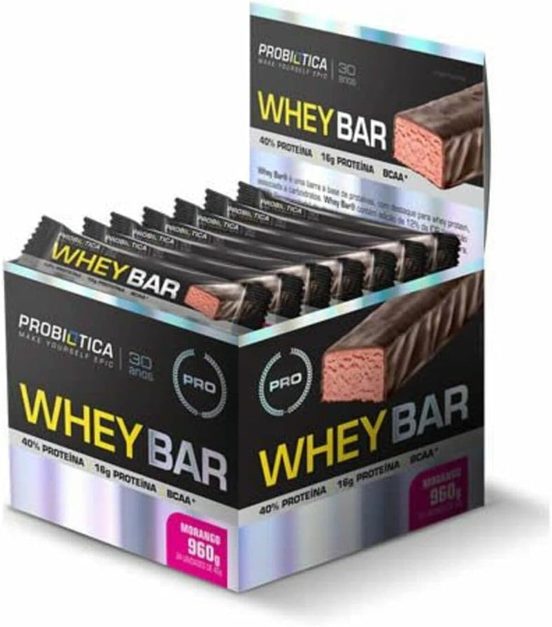 Probiótica Whey Bar Low Carb (960G) Caixa 24 Unidades - Sabor Morango