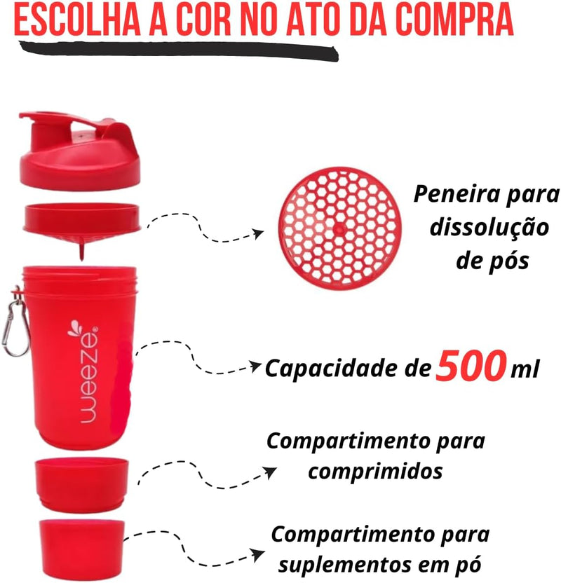 Coqueteleira Shaker Academia Compartimento Suplementos Divisórias 500ml (Vermelho