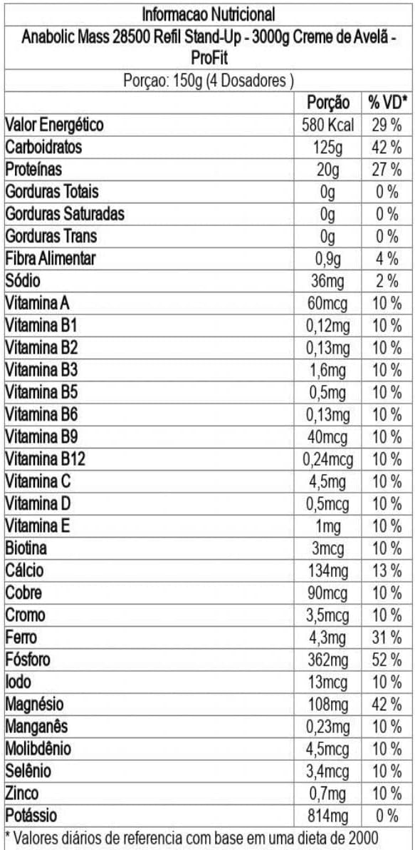 ProFit Anabolic Mass 28500 Refil Stand-Up - 3000G Creme De Avelã