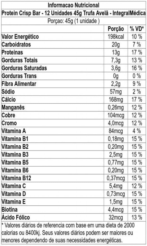 Integralmedica Crisp Bar Sabor Trufa de Avelã, Caixa 12 Unidades (540g)