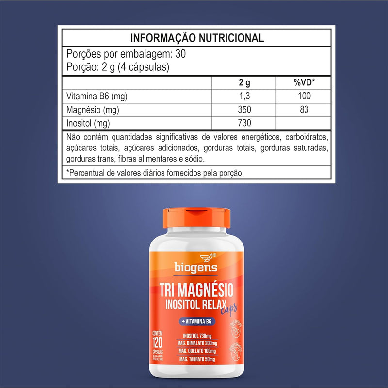 Tri Magnésio (dimalato, quelato e taurato) Inositol Relax CAPS, Vitamina B6, 120 Cápsulas, Biogens