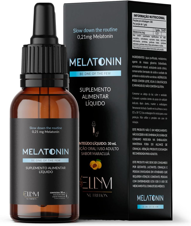 Melatonina em Gotas Sublingual 0,21mg por Gota ELLYM NUTRITION 30ml Sabor Maracujá Rápida Absorção Efeito Imediato