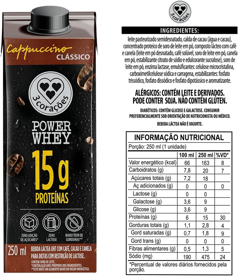 Pack Bebida Láctea UHT 3 Corações Power Whey Cappuccino Clássico 15G de Proteínas com Cafeína 250ml - 12 unidades