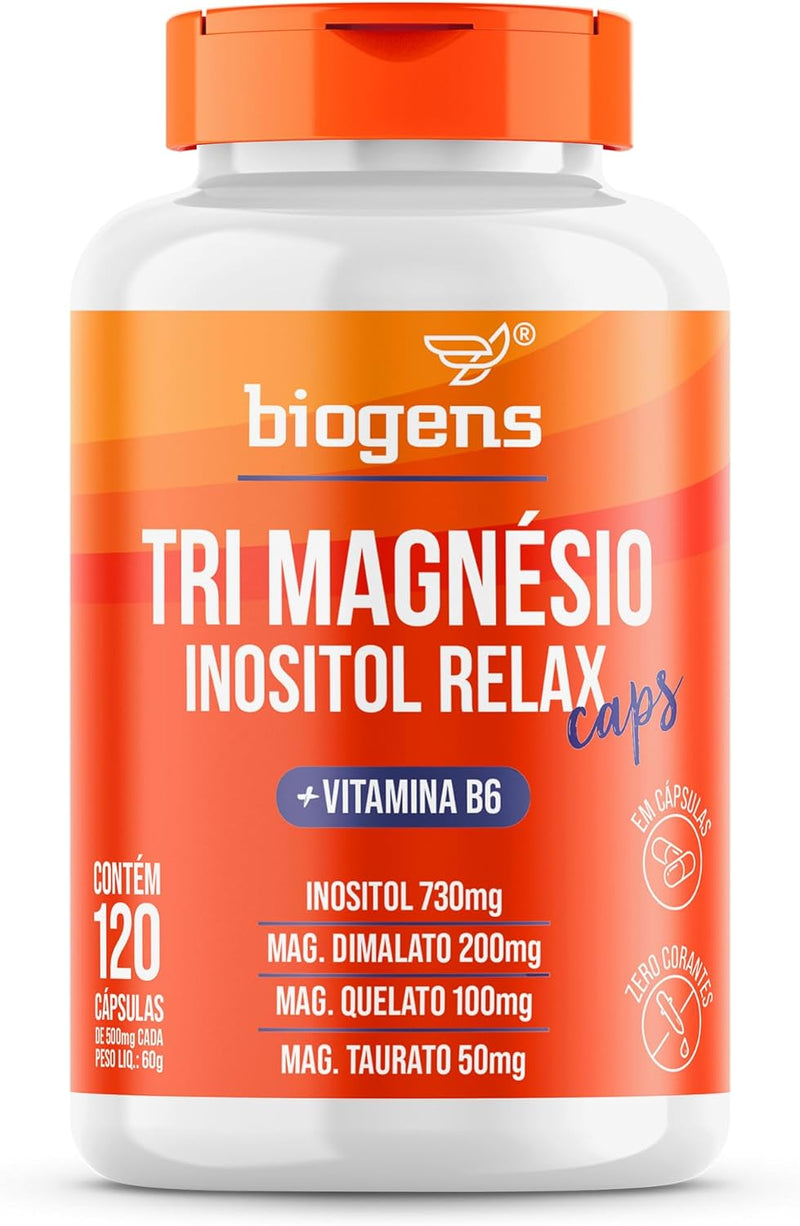 Tri Magnésio (dimalato, quelato e taurato) Inositol Relax CAPS, Vitamina B6, 120 Cápsulas, Biogens