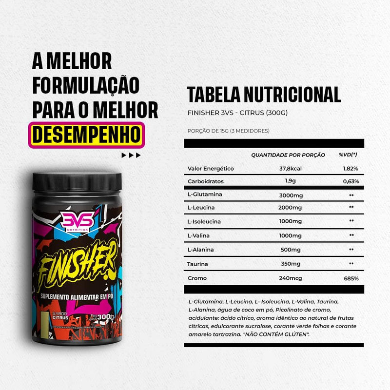 Finisher Amino Energy Drink - 3VS Nutrition - BCAA, L-Glutamina, Picolinato de Cromo, Taurina, L-Alanina, Água de coco - Intra e pós treino - Evita a fadiga e auxilia a recuperação muscular (Sabor Tropical Mix)