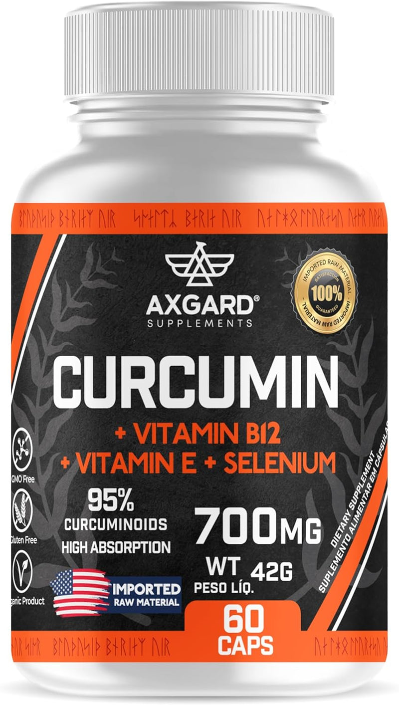 Curcuma + Vitamina B12 + Selênio e Vitamina E - Curcuma 700mg - 95% de curcumoides - 130 mg de curcumina - 60 softcaps - Axgard Supplements