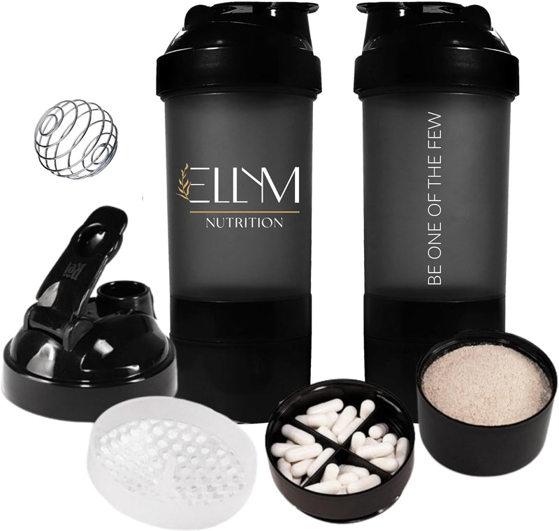 Coqueteleira Shakeira Garrafinha Copo Academia Com Porta Comprimido e Whey 500ml Preta Ellym Nutrition