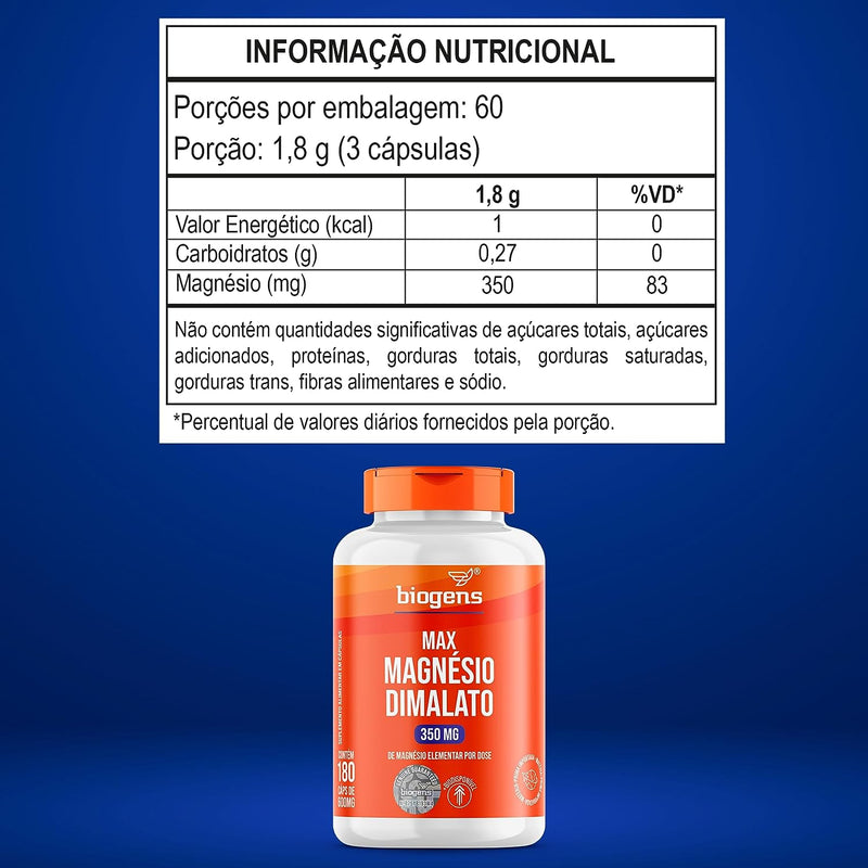 Max Magnésio Dimalato, 350mg de magnésio elementar por dose, 180 cápsulas, Biogens