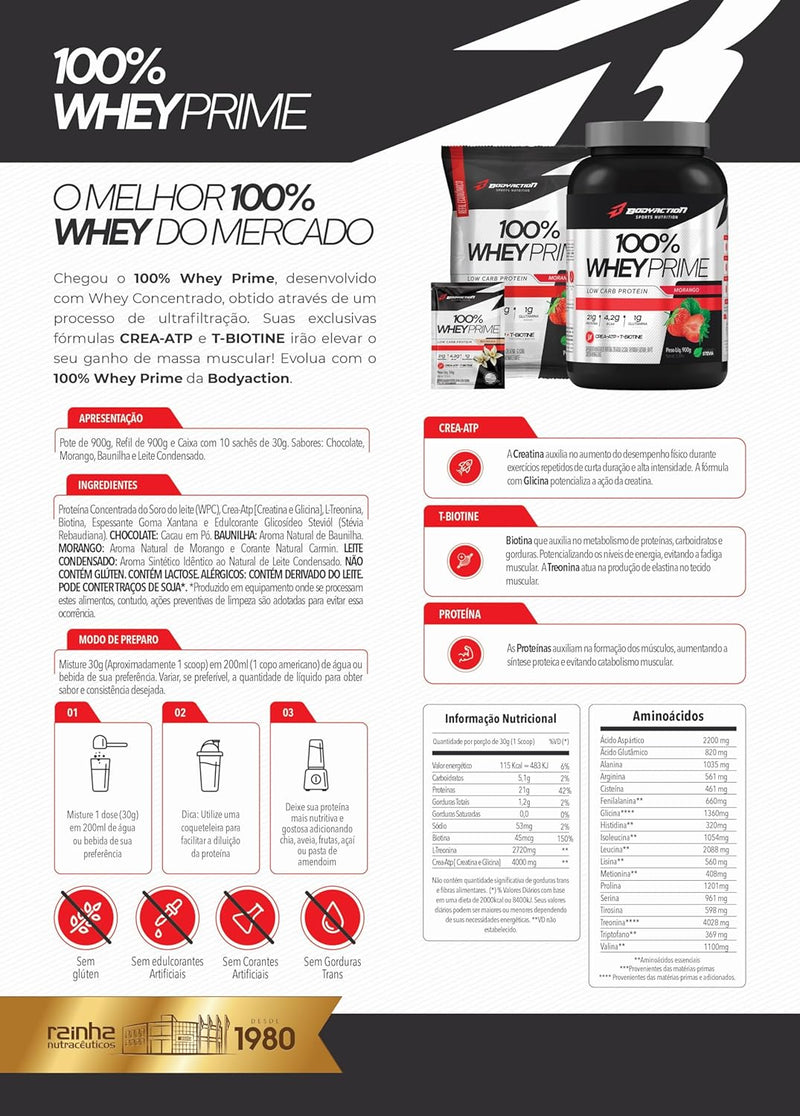 100% Whey Prime 900g Sabor Morango Bodyaction