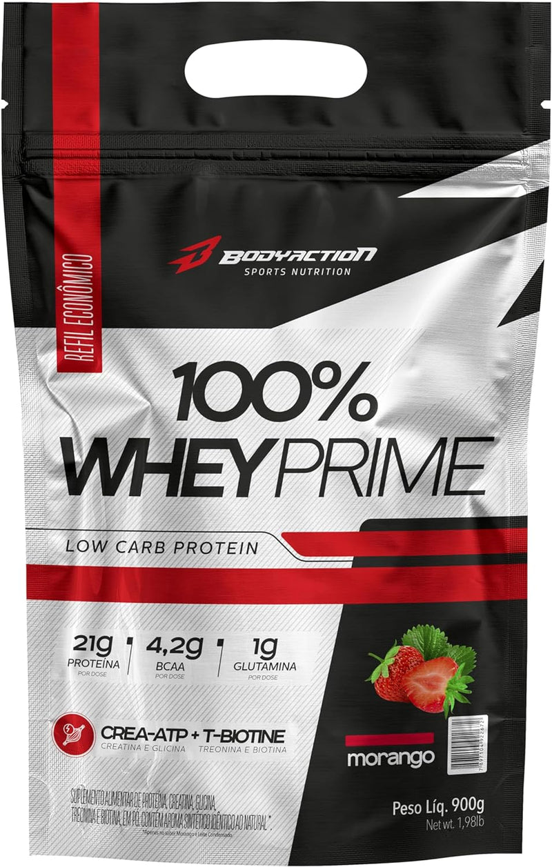 100% Whey Prime Refil 900g Sabor Morango Bodyaction