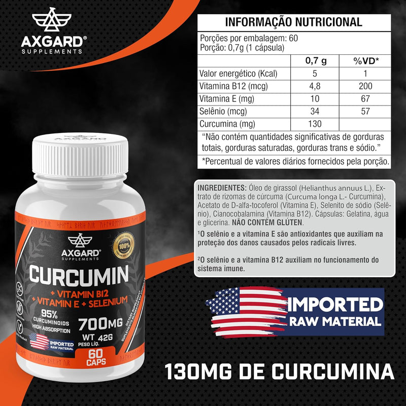 Curcuma + Vitamina B12 + Selênio e Vitamina E - Curcuma 700mg - 95% de curcumoides - 130 mg de curcumina - 60 softcaps - Axgard Supplements