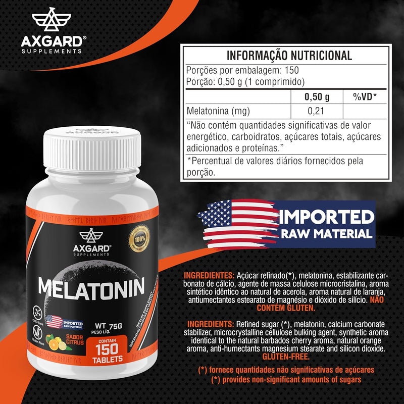 Melatonin - Melatonina Mastigável - 150 Tabletes - Importada - Sabor suave Citrus Laranja com Acerola- Axgard Supplements