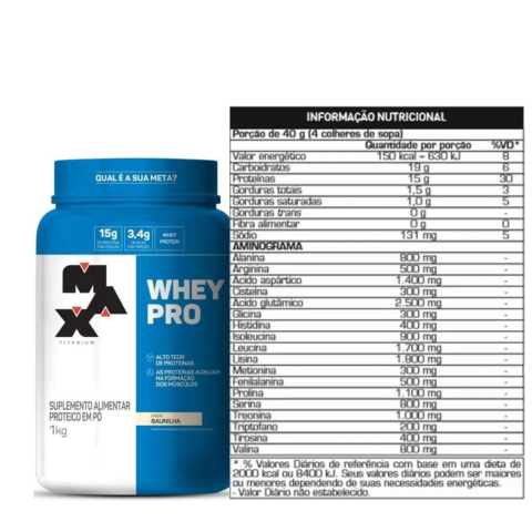 Combo Whey Pro 1kg Baunilha + Creatina 150g + Coqueteleira Max Titanium