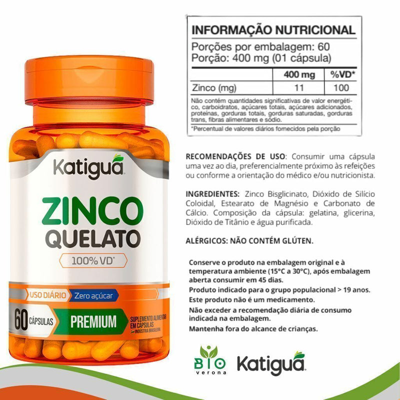 KATIGUÁ Zinco Quelato 100% Vd* Sem Sabor Katiguá 60 Cápsulas De 400Mg Laranja